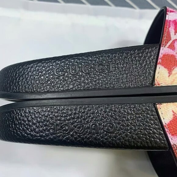 Gucci Black Slide Sandals with Red, Pink and Green Floral GG Strap - Picture 3 of 4